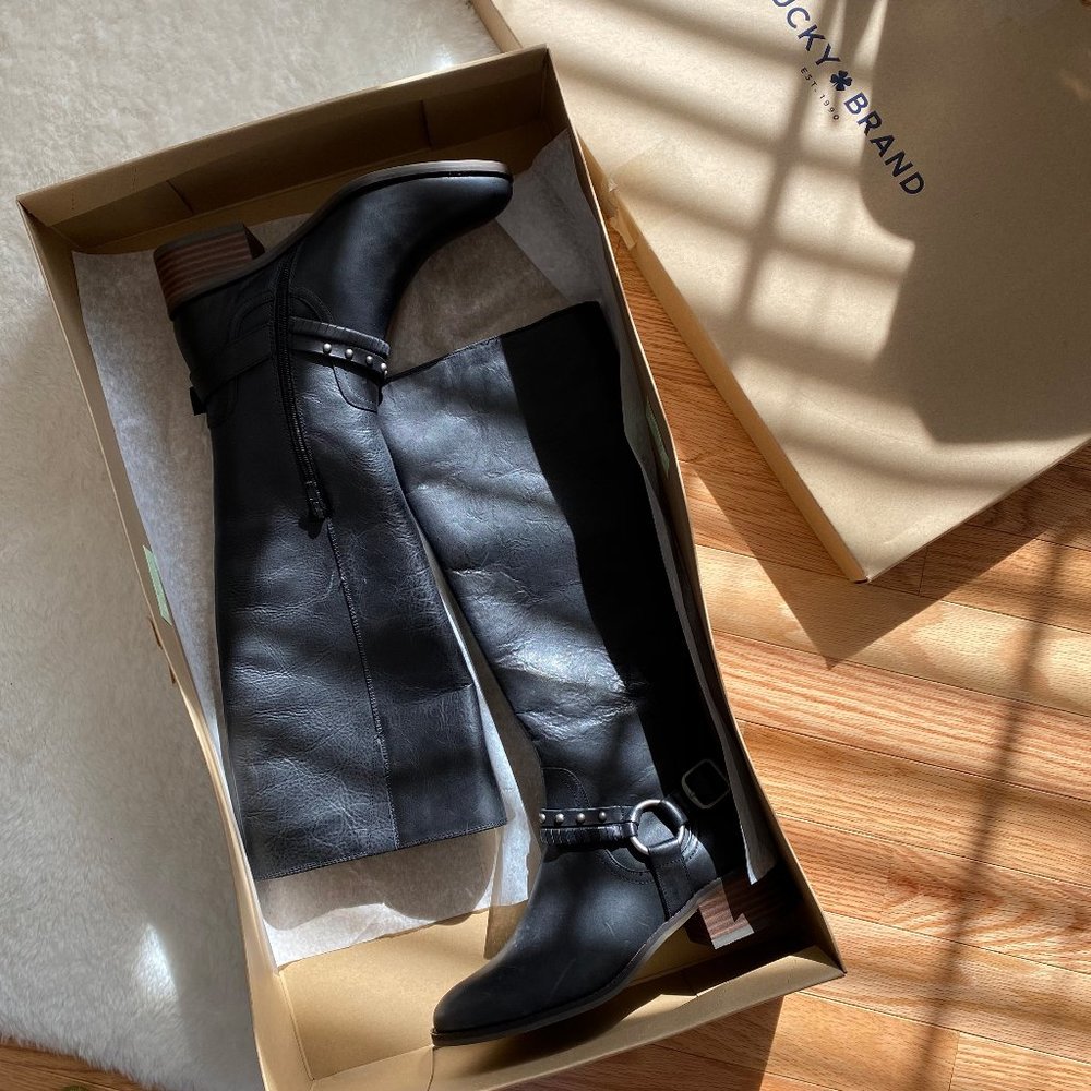 Lucky Brand Women's Karesi Leather Stacked Heel Harness Knee-High, Black, Size 7